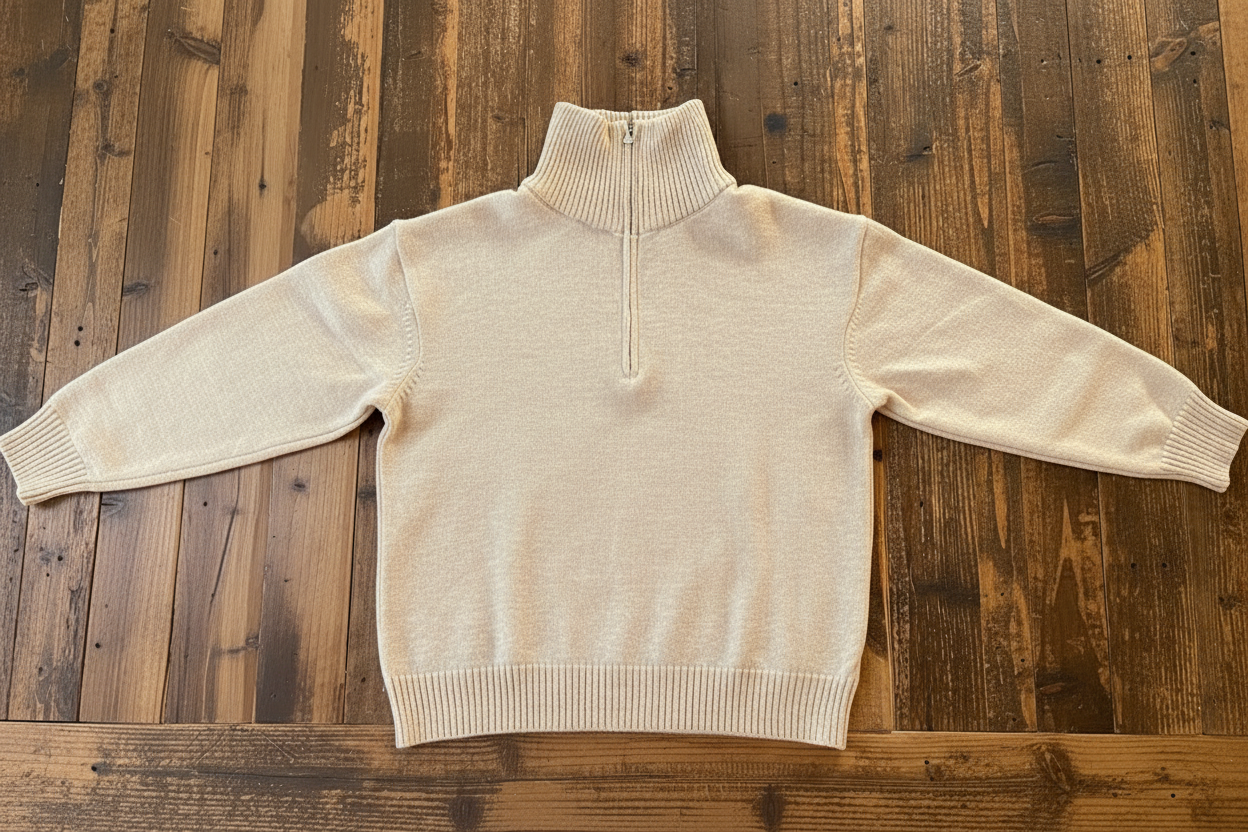 Beige Retreat Pullover with a half zip on a reclaimed wooden surface