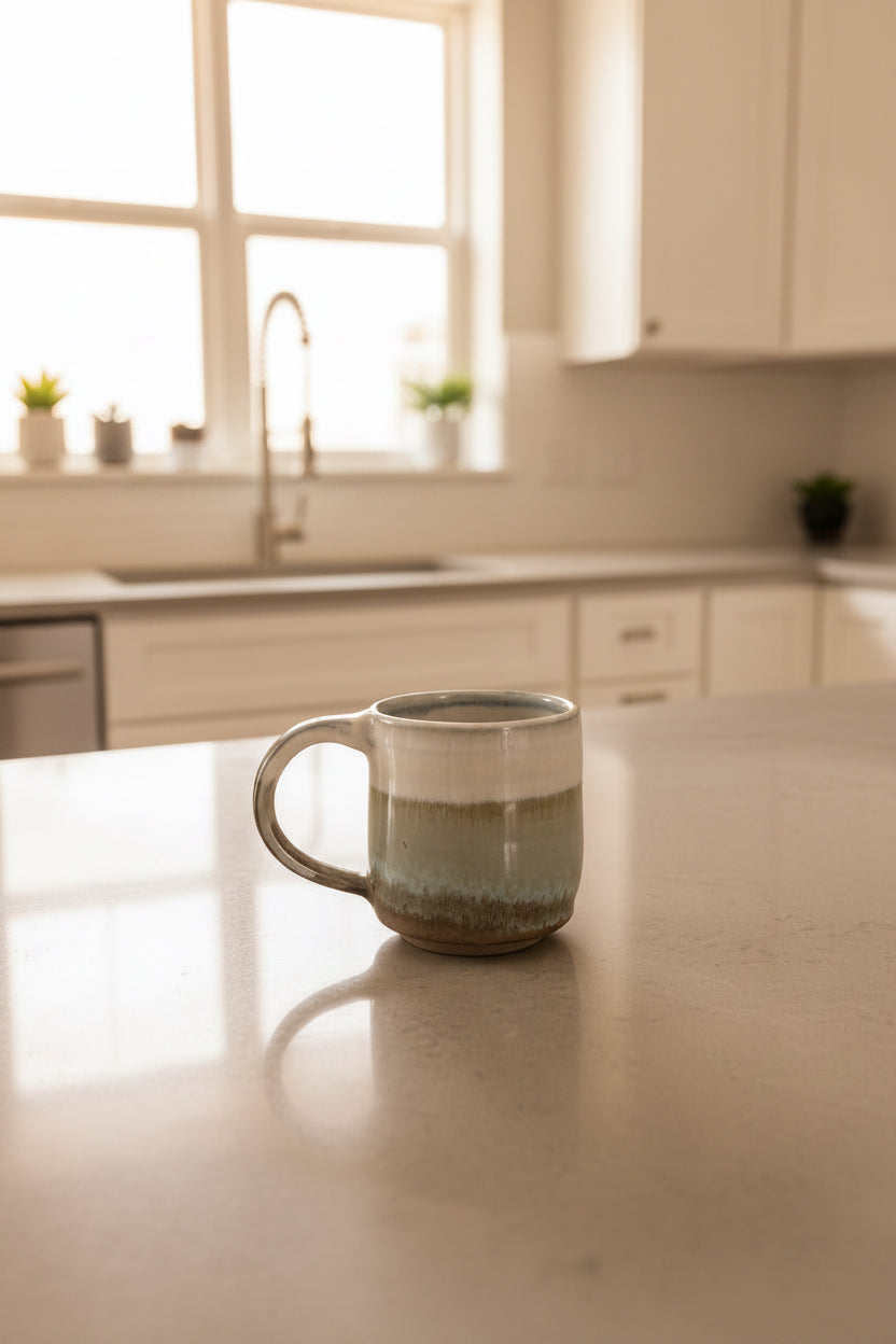 Stoneware mug with green and white glaze in a kitchen setting