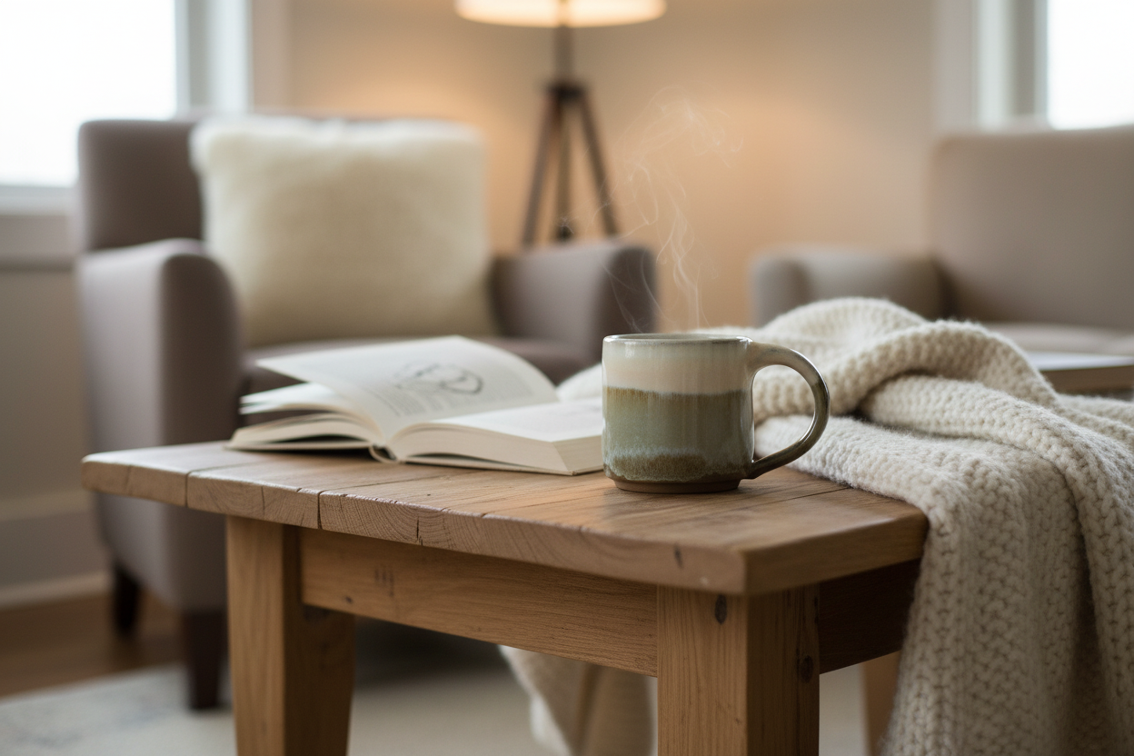 Cup of steaming coffee on a wooden table with an open book in a cozy living room.