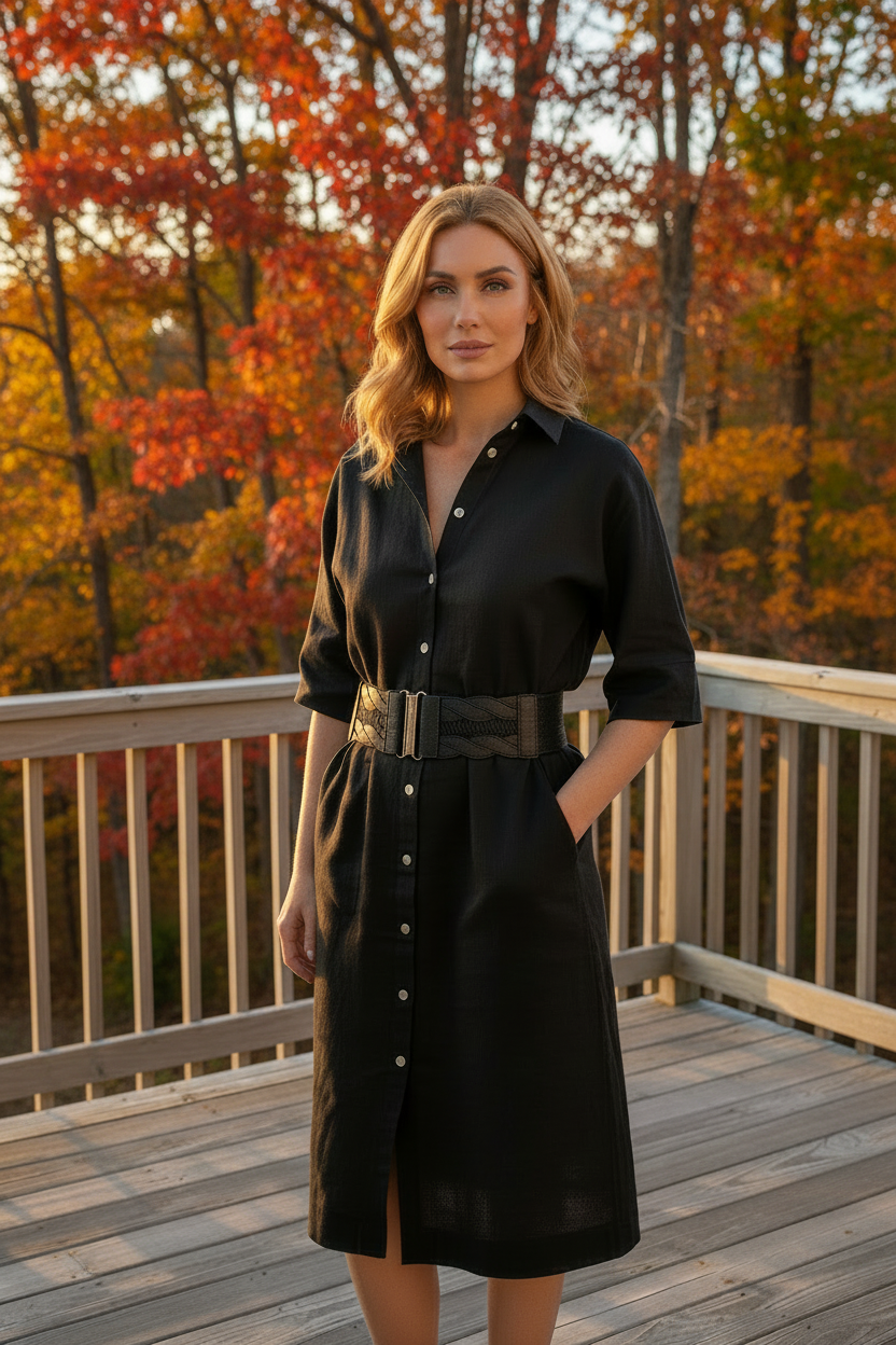 A woman stands on a wooden deck wearing a black button-front shirt dress with a wide black belt and silver buckle, photographed outdoors against autumn trees with orange and red foliage.