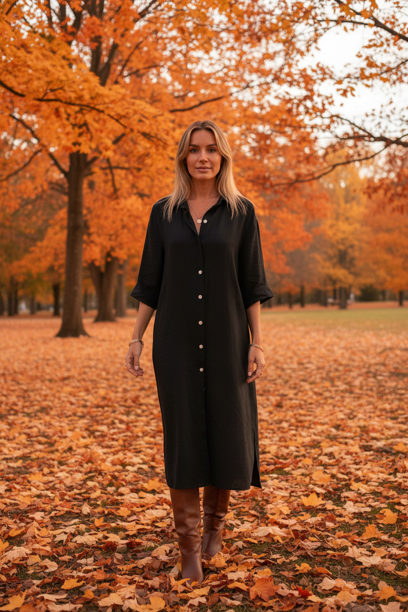 A woman wearing a black long-sleeve button-front midi dress and brown knee-high boots stands in a park covered with fallen autumn leaves, with orange trees in the background.