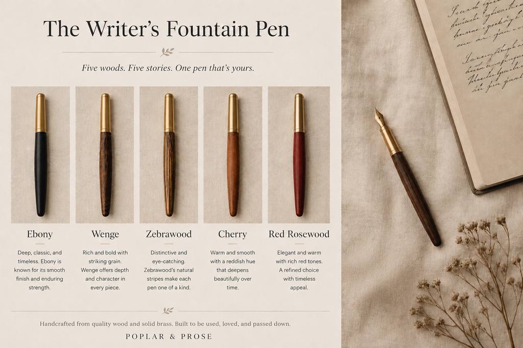 Fountain pen set with various wood types and a notebook on a textured surface.