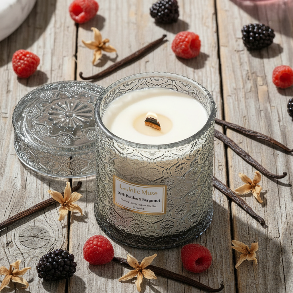 Decorative candle in a textured glass jar with raspberries and blackberries on a light surface.