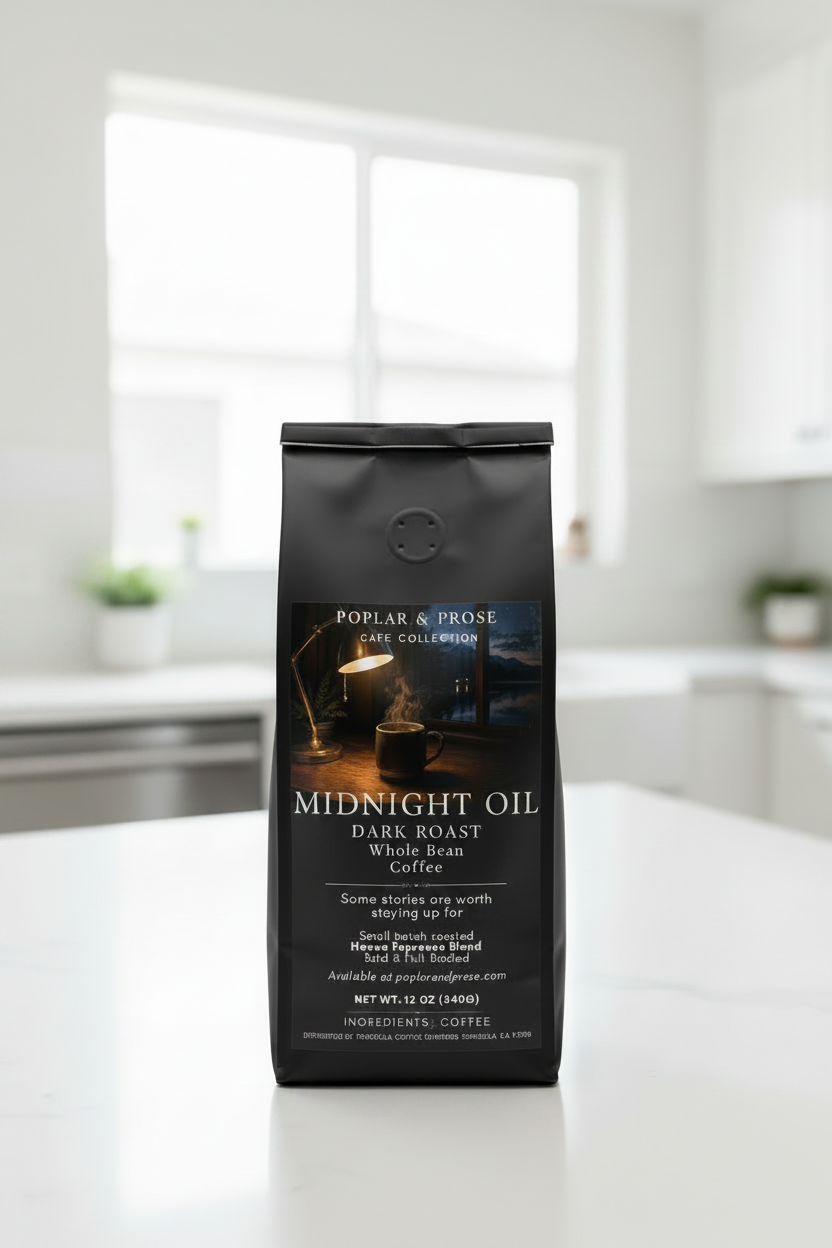 Coffee bag labeled 'Midnight Oil' on a kitchen counter