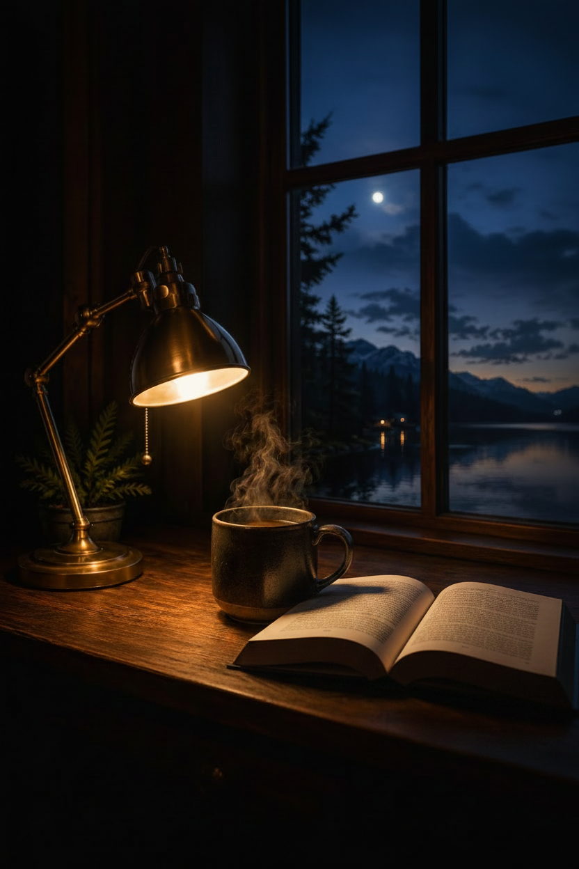 Lamp, mug of steaming coffee, and open book on a windowsill with a night view.