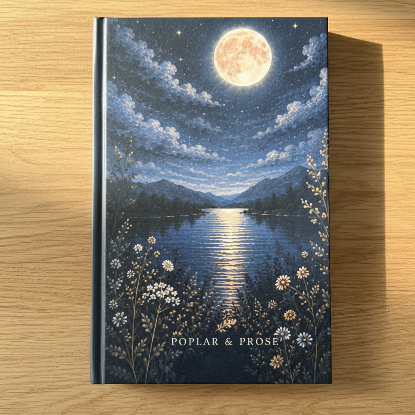 A hardcover book titled 'POPLAR & PROSE' featuring a detailed illustration of a moonlit lake scene with mountains, clouds, stars, and wildflowers, photographed on a wooden surface.