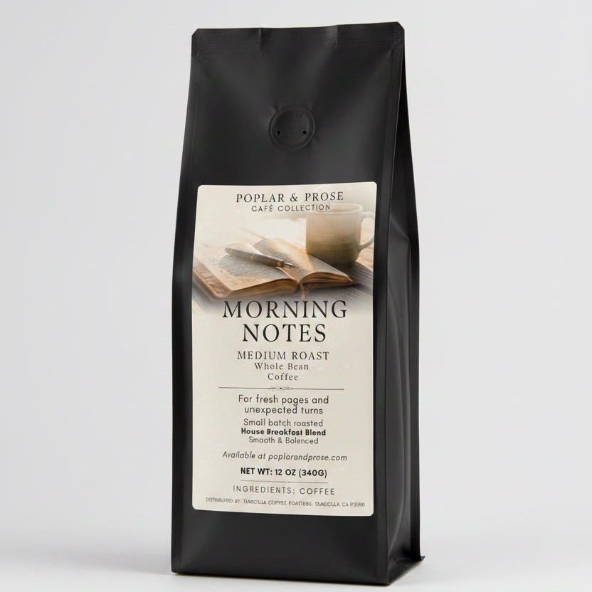 A coffee product label for Poplar & Prose Cafe Collection Morning Notes Medium Roast Whole Bean Coffee, featuring a coffee mug, open book, and pen on a warm beige background with product text.