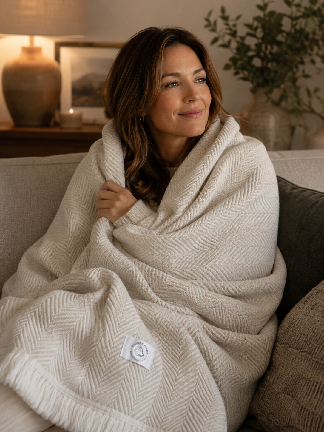 A woman wrapped in a cream-colored textured throw blanket with a herringbone pattern, sitting on a couch in a cozy living room setting.
