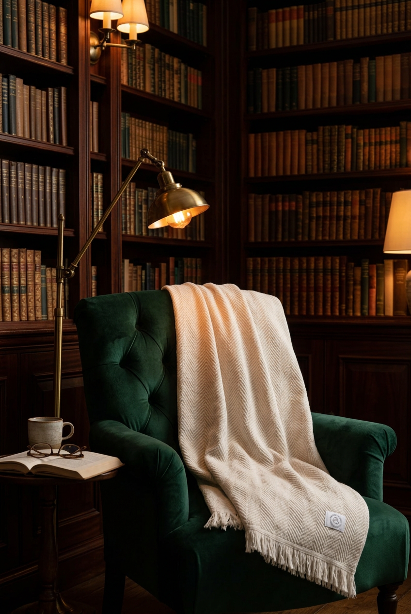 A cream-colored textured throw blanket with fringe is draped over a dark green velvet armchair in a cozy, dimly lit library with bookshelves and a brass floor lamp.