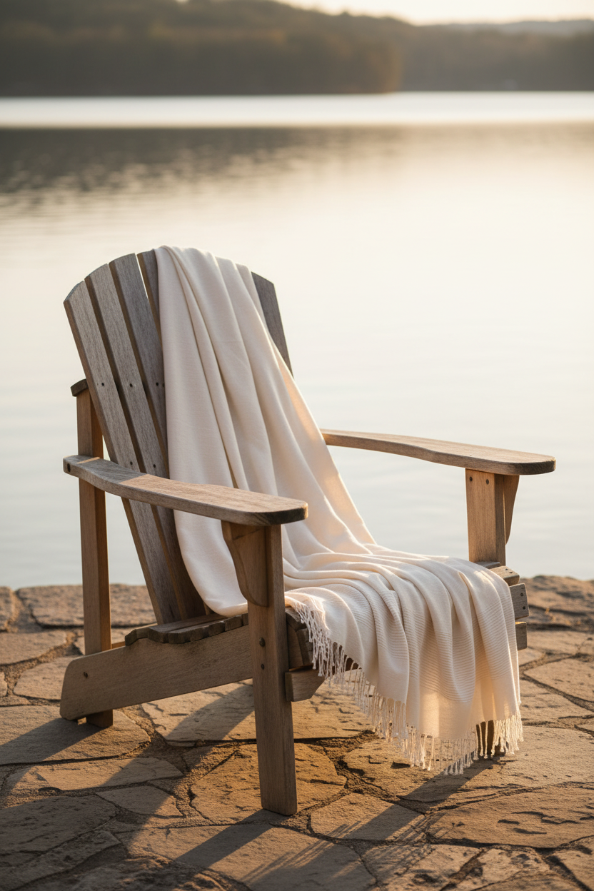 Wooden Adirondack chair with a Natural Shore Towel draped over it by a lake at sunset.