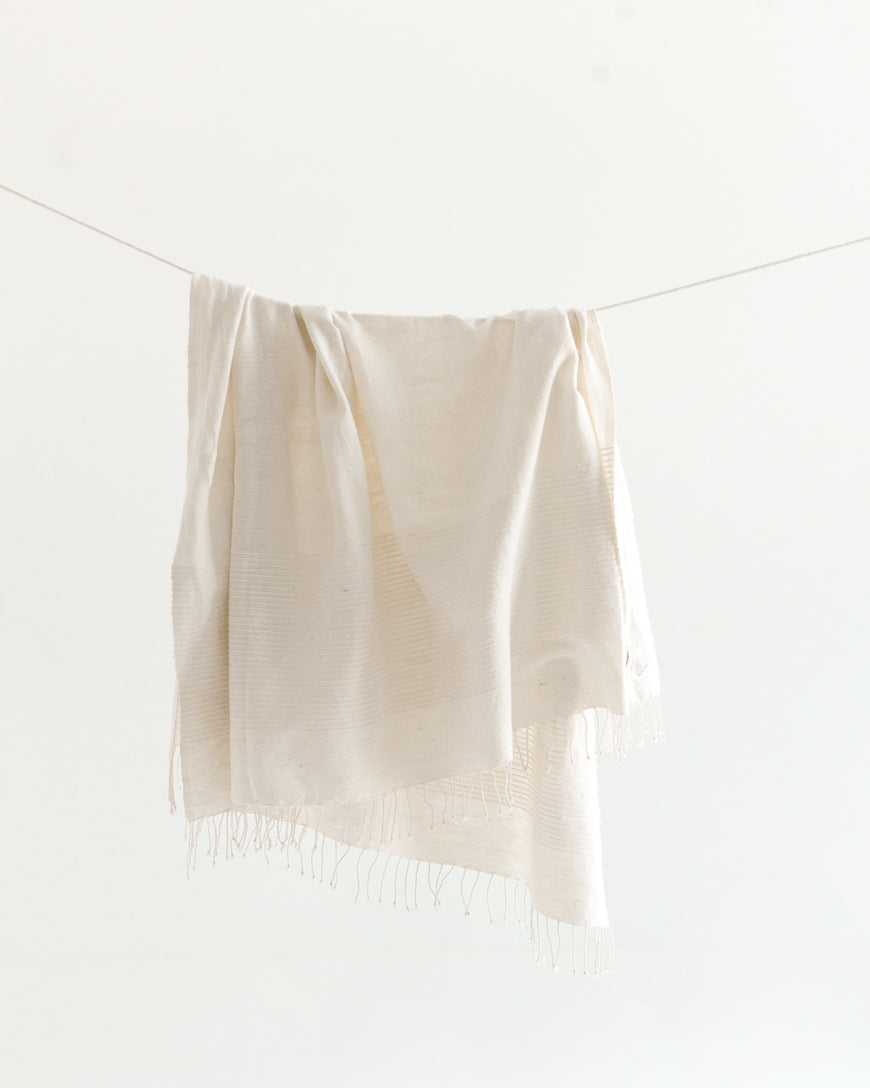 Neutral towel hanging on a clothesline against a white background