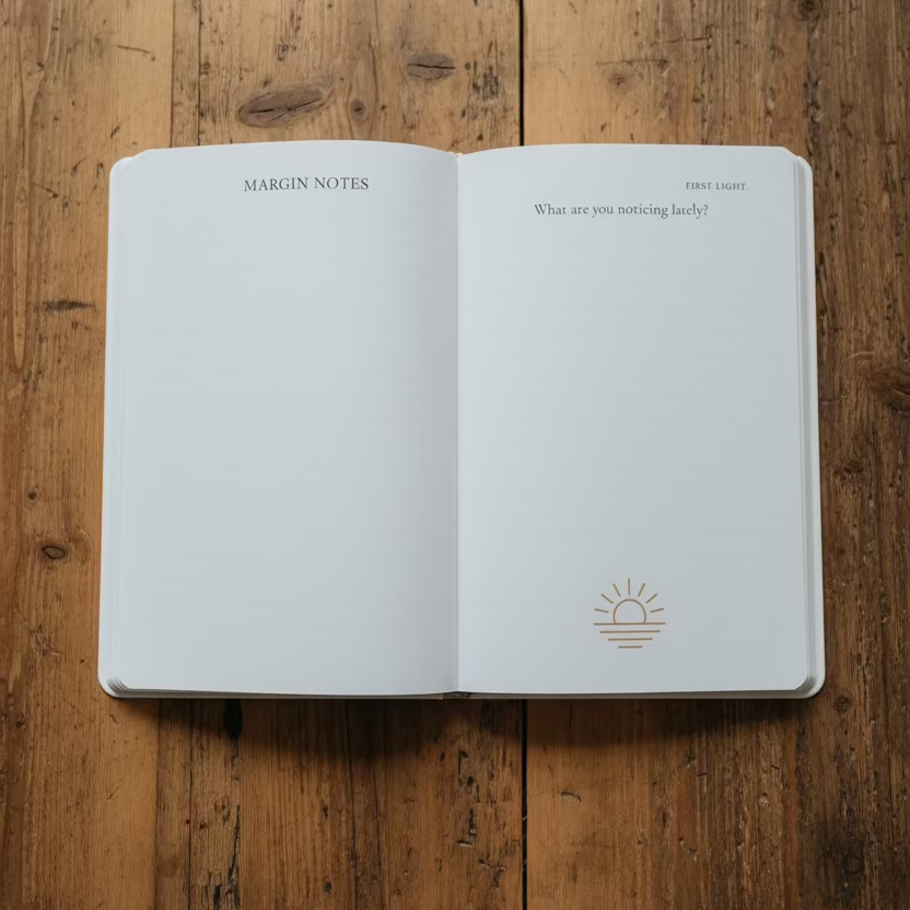 Open notebook with 'Margin Notes' on a textured surface
