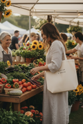 Woman shopping at an outdoor farmers market with the Poplar & Prose tote bag