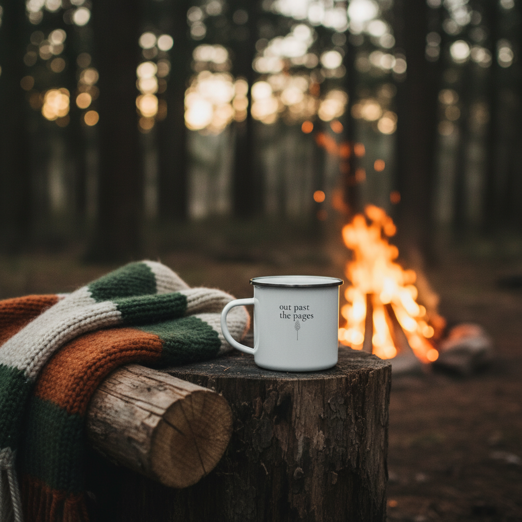 Camping scene with the “out past the pages” enamel camp mug and blanket by a campfire in the woods