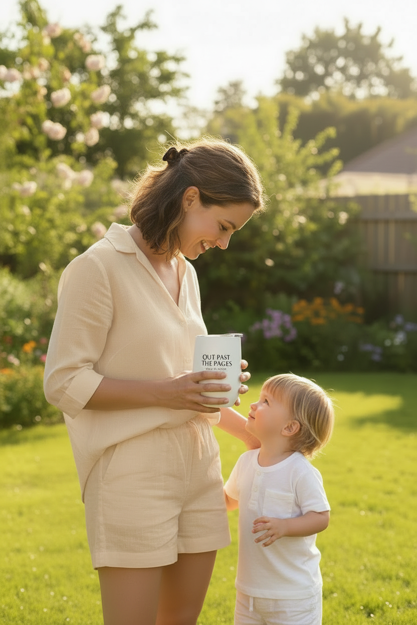 Woman holding the Out Past the Pages tumbler with a child playing in the background