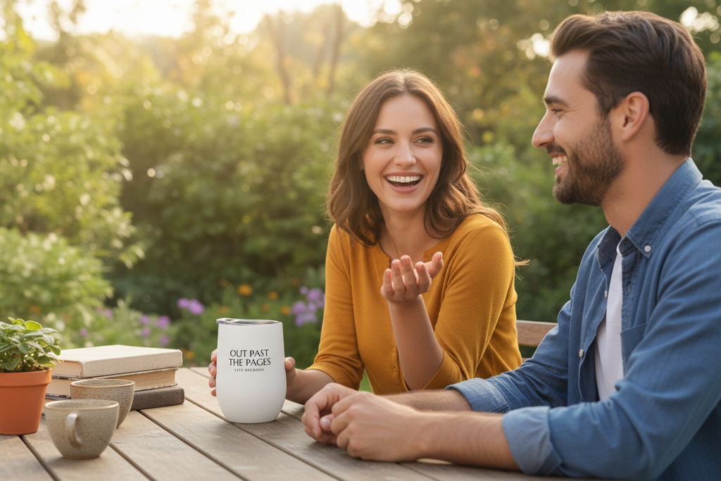 Man and woman sitting at a table outdoors with a mugs, books, a plant, and the Out Past the Page tumbler.