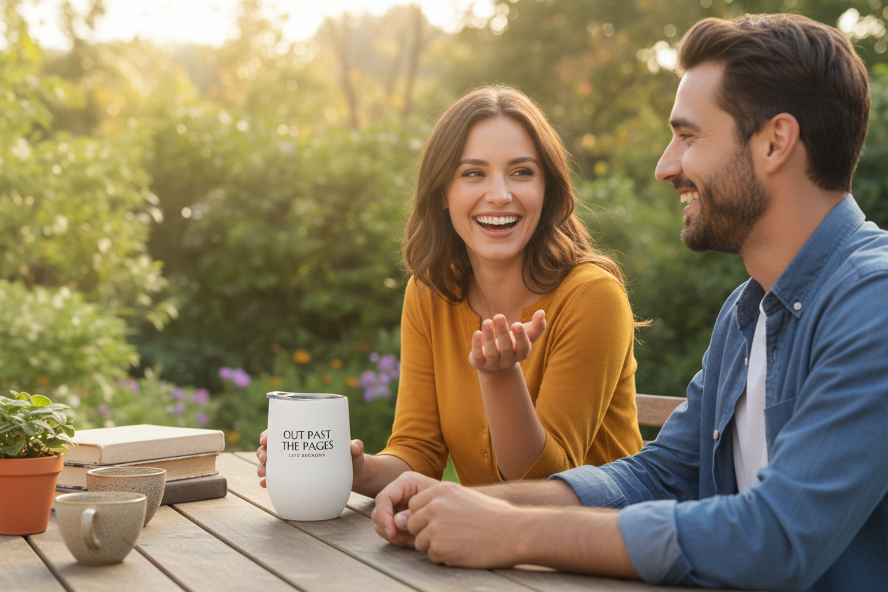 Man and woman sitting at a table outdoors with a mugs, books, a plant, and the Out Past the Page tumbler.