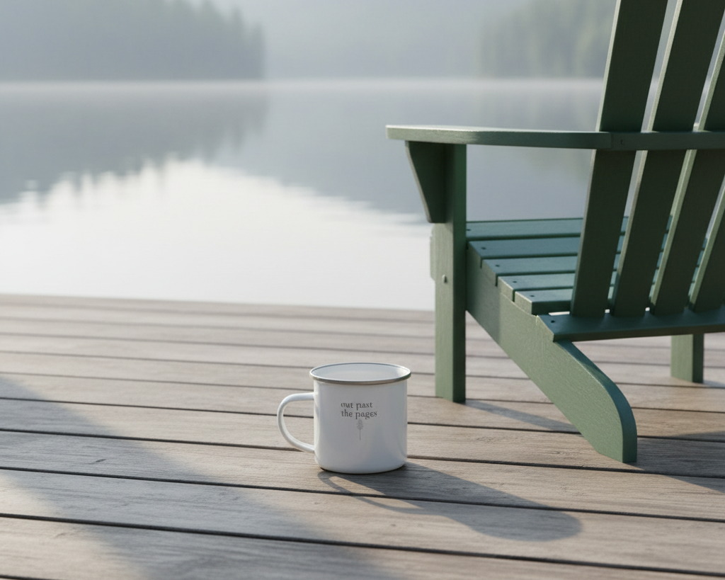 White enamel “out past the pages” camp mug on a wooden deck by a green Adirondack, with a blurred lake background. 