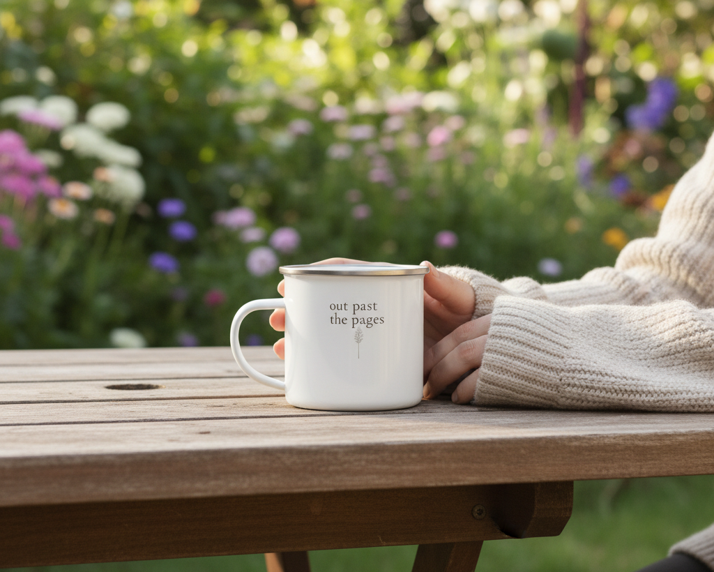 Person holding a mug with 'out past the pages' text in a garden setting