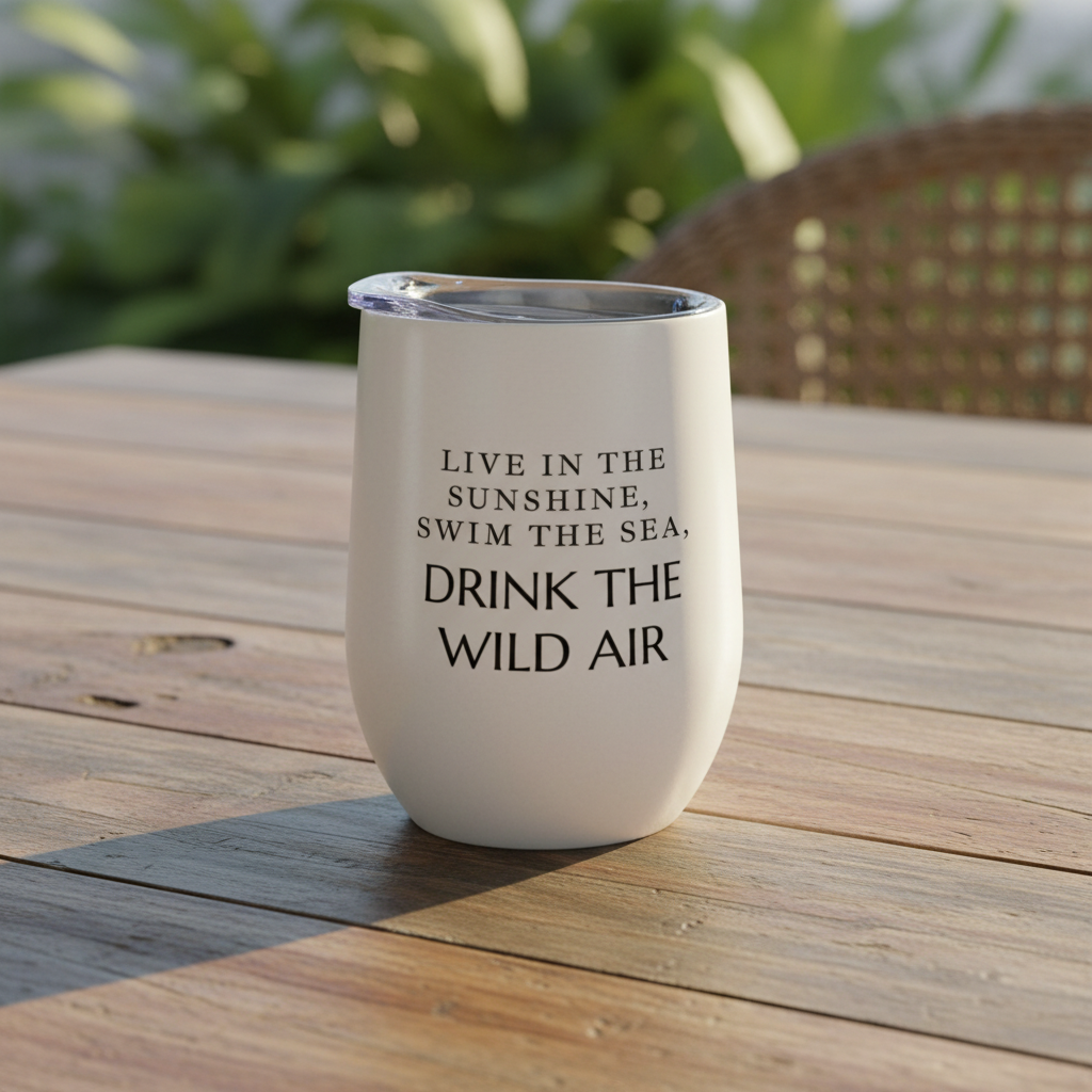 White insulated Wild Air tumbler on a wooden table outdoors