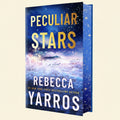 Book cover for 'Peculiar Stars' by Rebecca Yarros, showing a blue and purple starry space scene with large gold and white title text and the author's name in white at the bottom.
