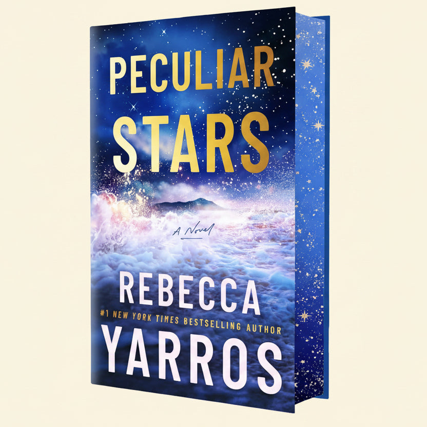 Book cover for 'Peculiar Stars' by Rebecca Yarros, showing a blue and purple starry space scene with large gold and white title text and the author's name in white at the bottom.