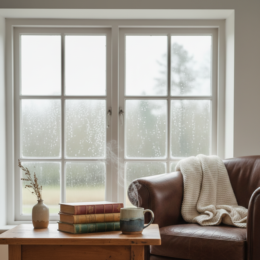 Wooden table with books and a mug, chair with a blanket, and large window in a room.