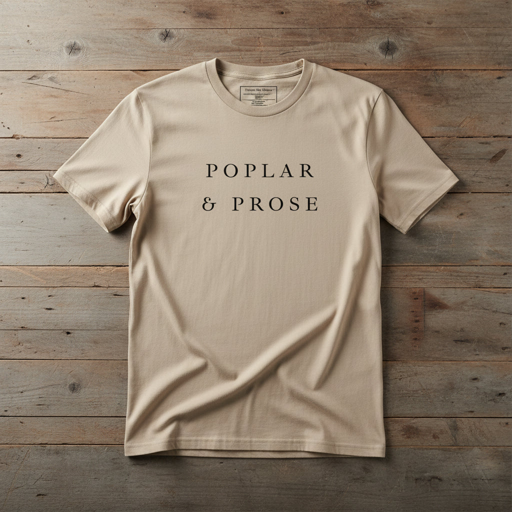 Beige Poplar & Prose Tee on wood surface