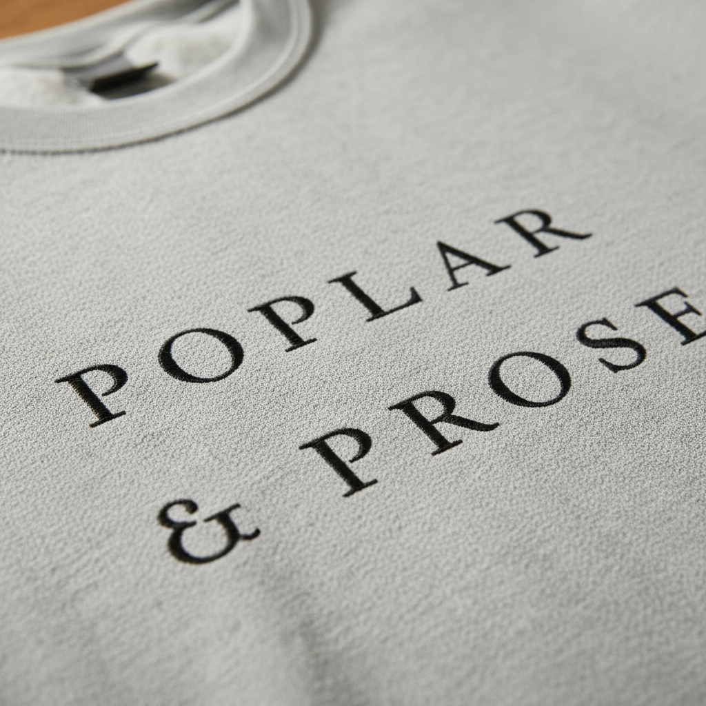Close-up of a texture and text with 'POPLAR & PROSE' branding on Sweatshirt