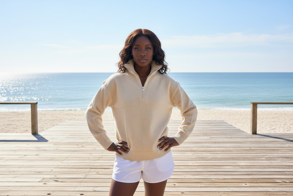 Woman wearing the beige Retreat Pullover and white shorts standing on a wooden deck by the ocean.