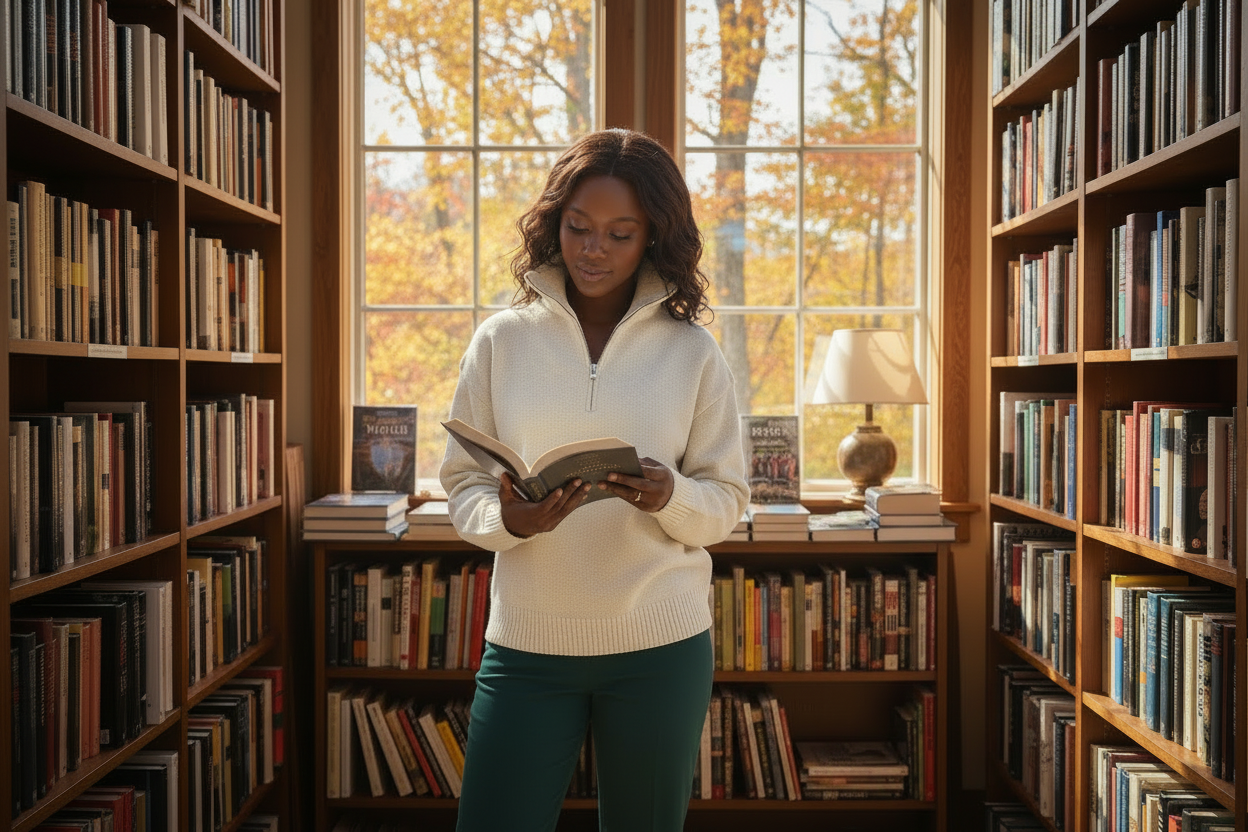 A woman stands in a bookstore on a fall day, reading a book.