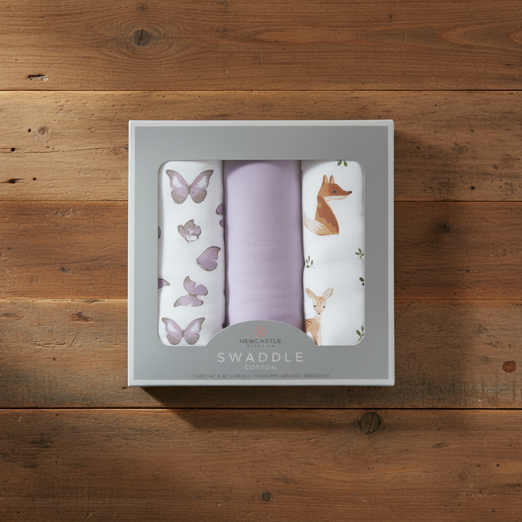 Three swaddle blankets with butterfly and animal patterns in a Newcastle Classics packaging.