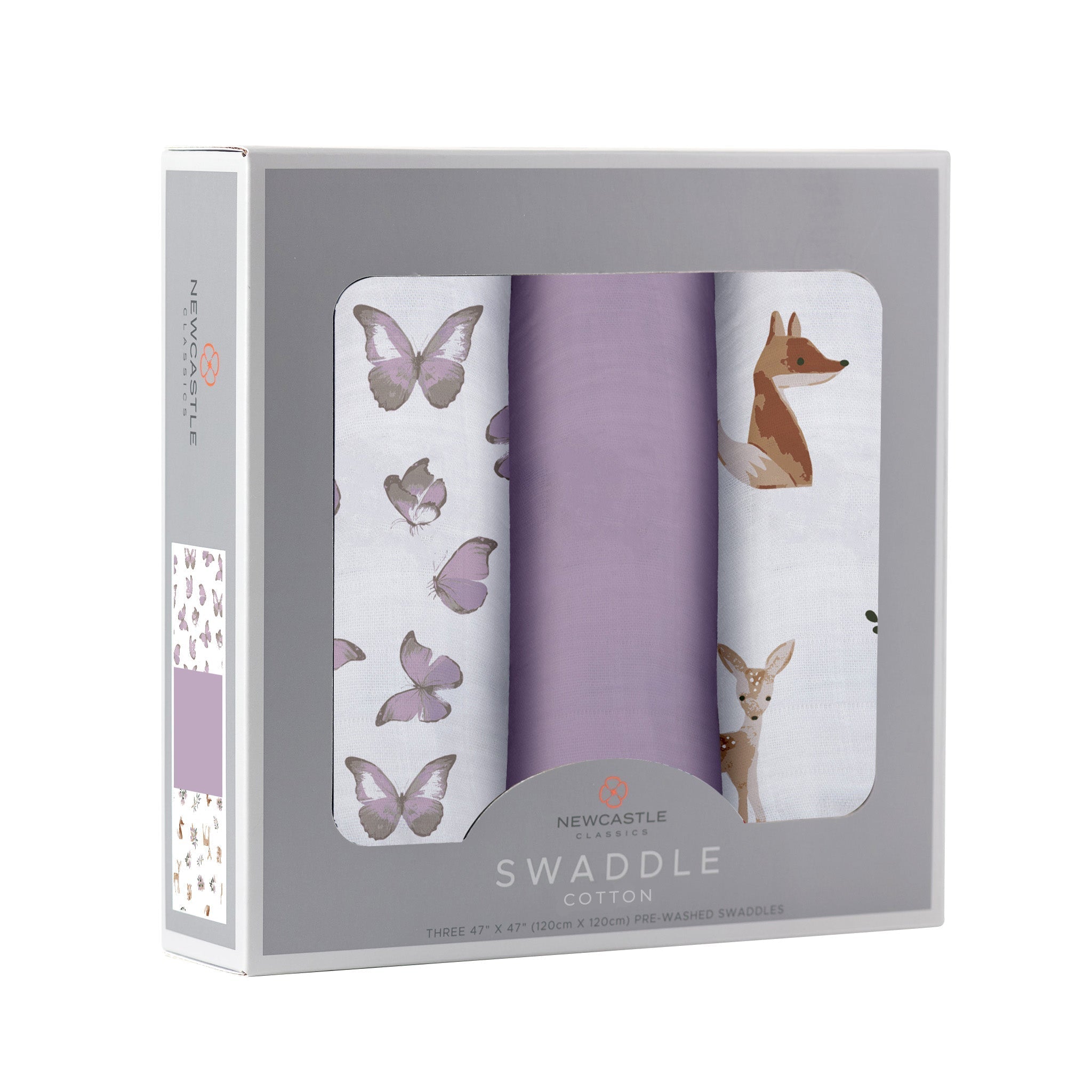 Newcastle Swaddle cotton swaddles with butterfly and deer designs in a box.
