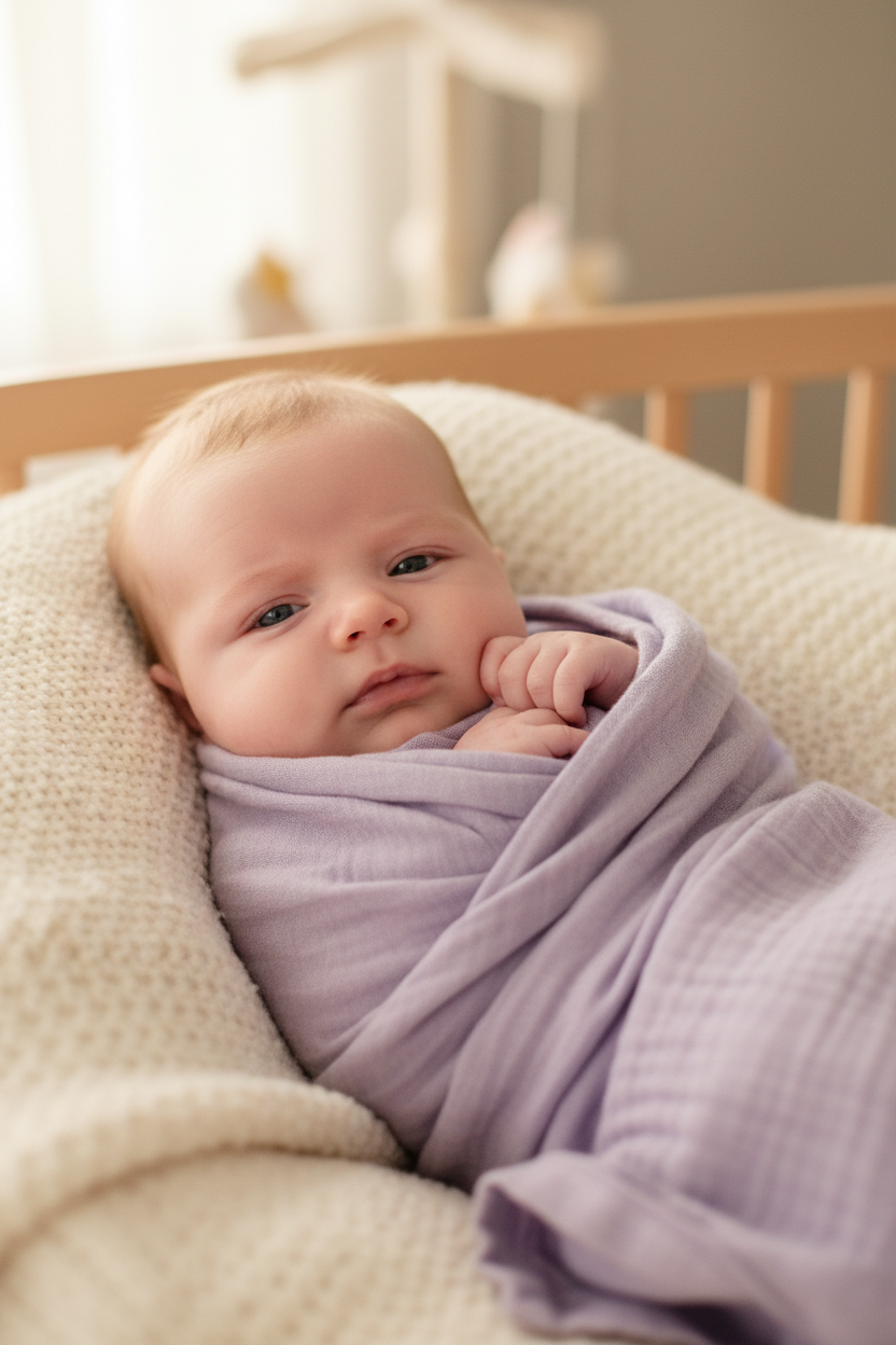 A close-up of a baby wrapped in a light purple muslin swaddle blanket, lying on a textured cream knit blanket inside a wooden crib.