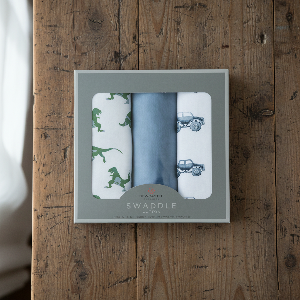 Three swaddle blankets with dinosaur and car patterns in a Newcastle Classics packaging.