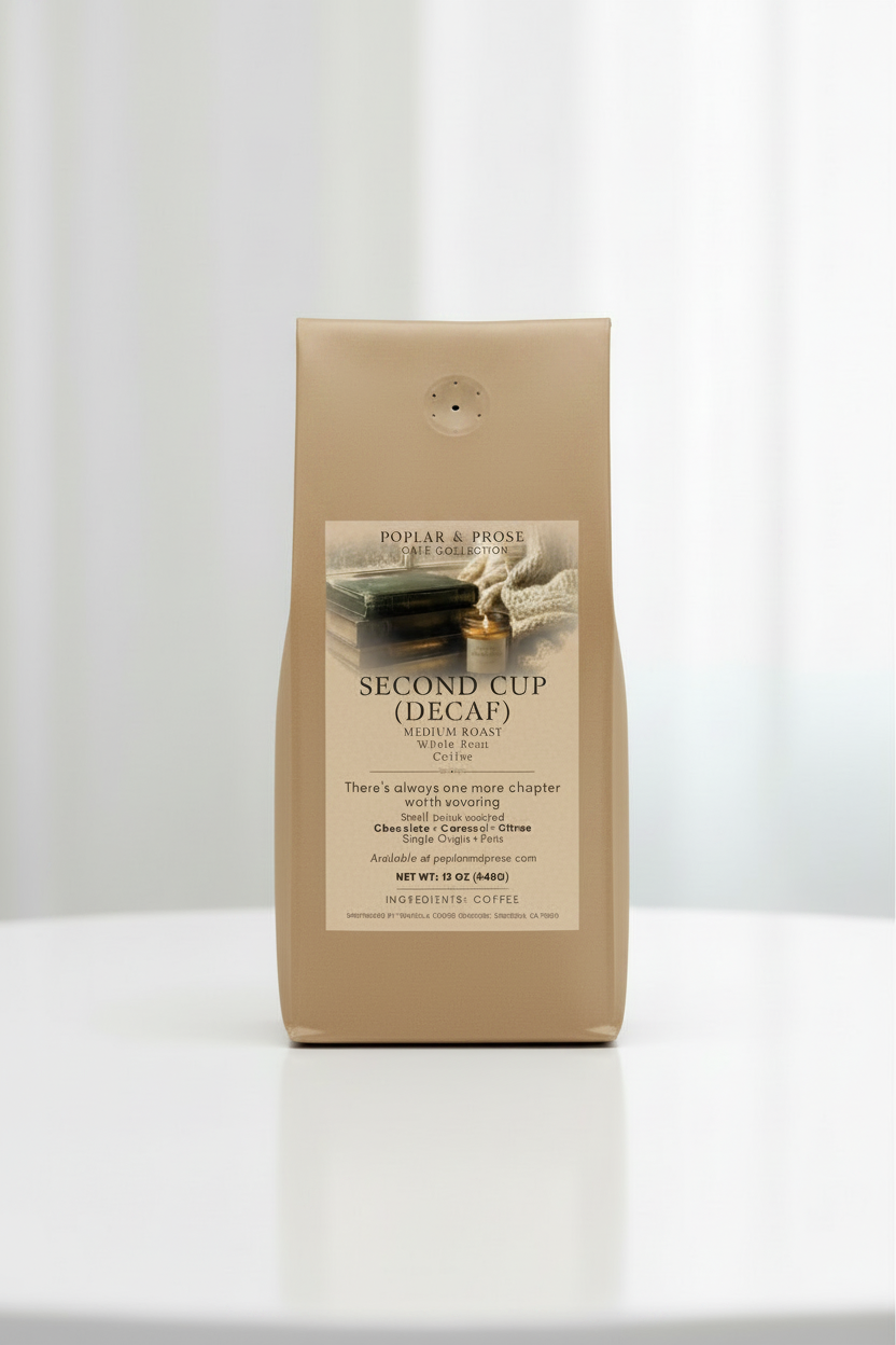Kraft Coffee bag labeled 'Second Cup Decaf' by Puppar & Prose on a white background