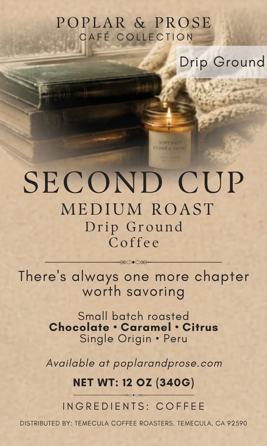 Label for Second Cup Medium Roast Whole Bean Coffee with text and branding details.