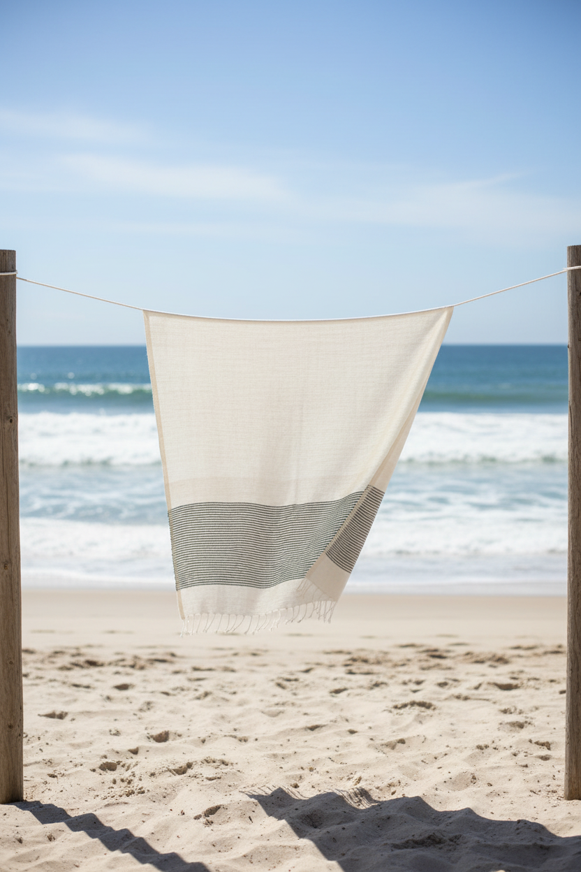 White and navy towel hanging on a line with ocean and sky in the background