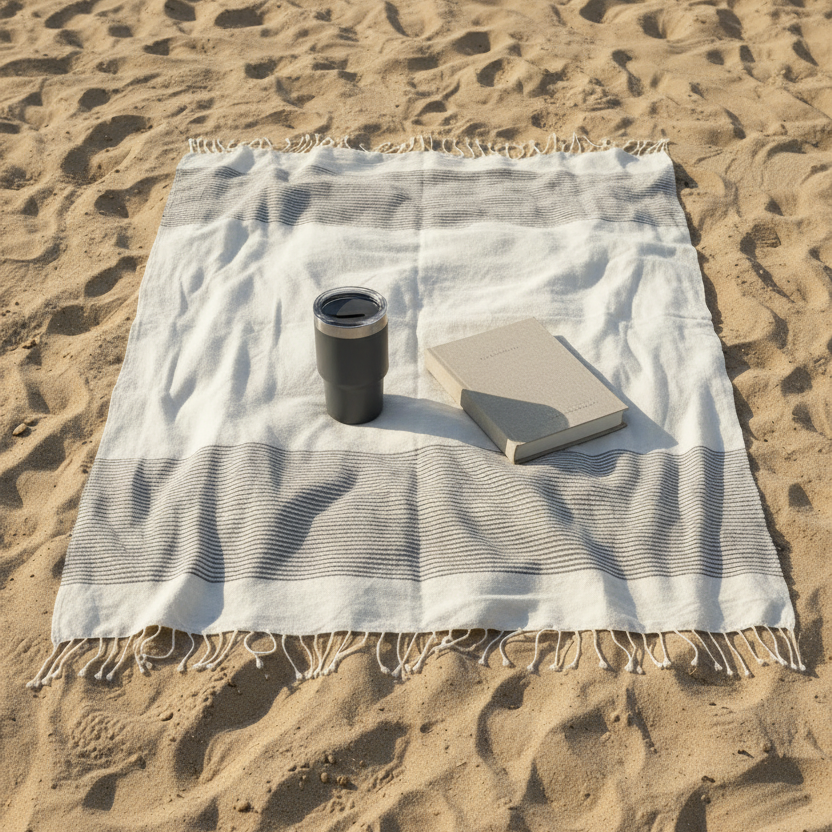 Shore Towel in gray on sand with a book and tumbler