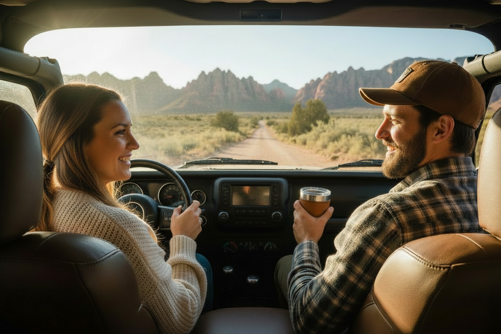 Two people in a car with scenic desert landscape outside, and the man has a tumbler of coffee
