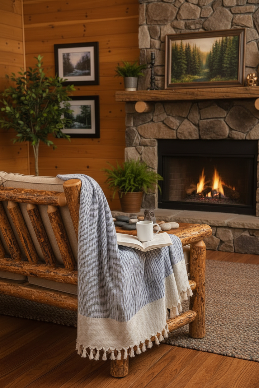 Cozy living room with stone fireplace, wooden bench, and framed pictures and Turkish cotton throw in blue and white stripe.