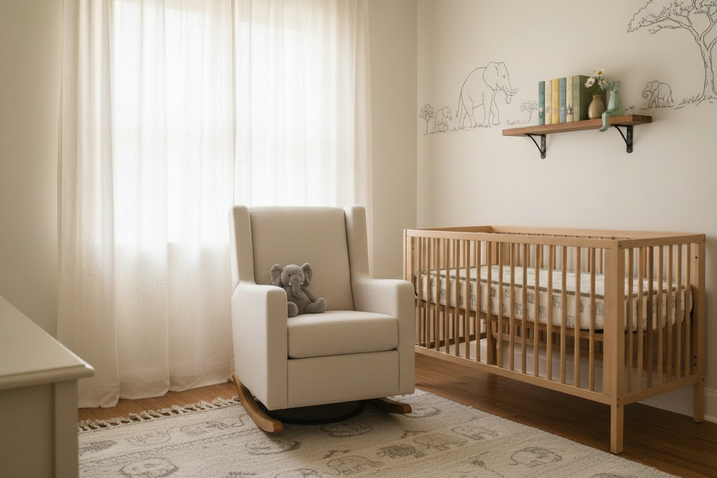 A styled nursery corner featuring a light wood crib, a cream upholstered rocking chair with a large gray elephant plush toy, sheer white curtains, and a light wood shelf on the wall.