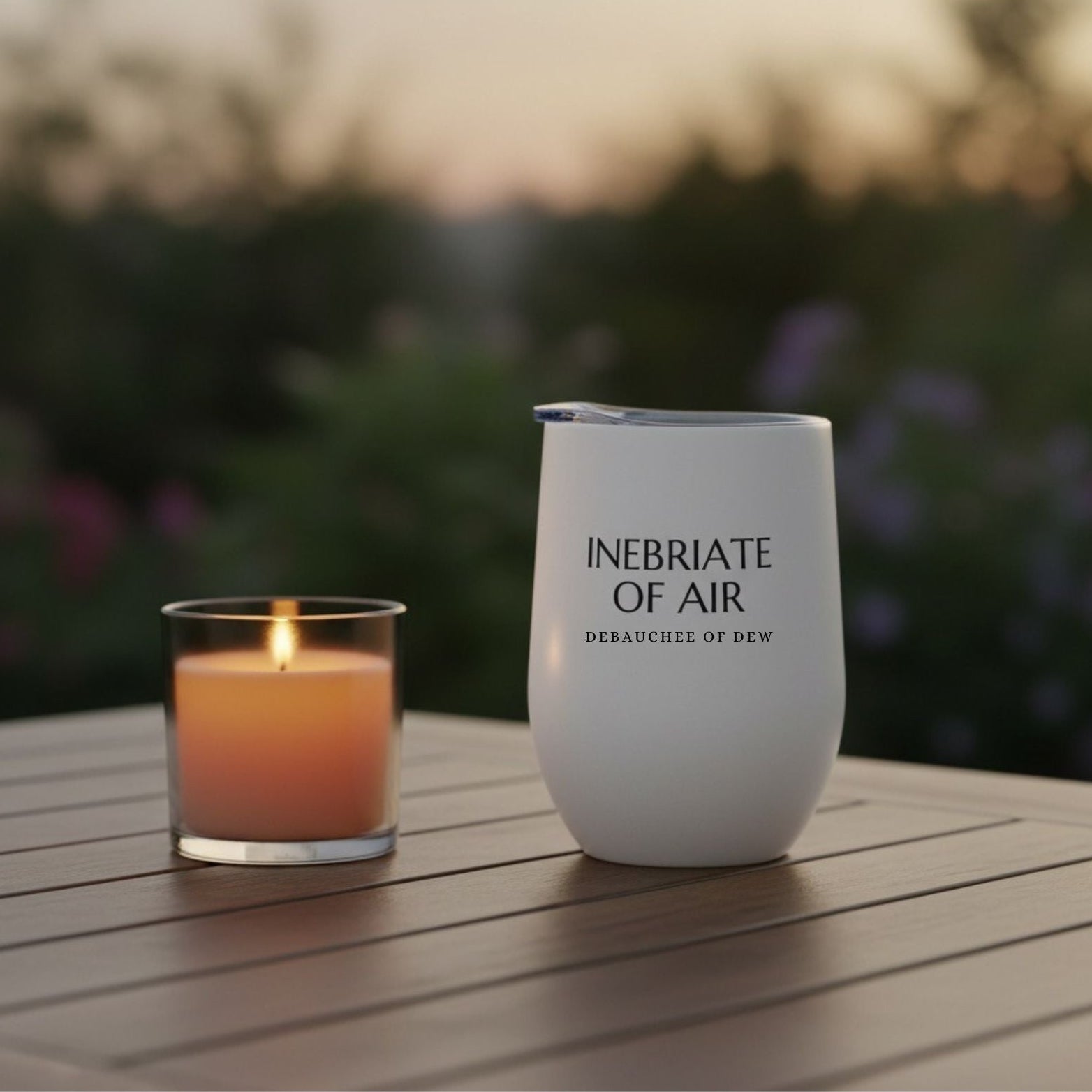 White wine tumbler inspired by Emily Dickinson with text on a wooden table with a candle in the background