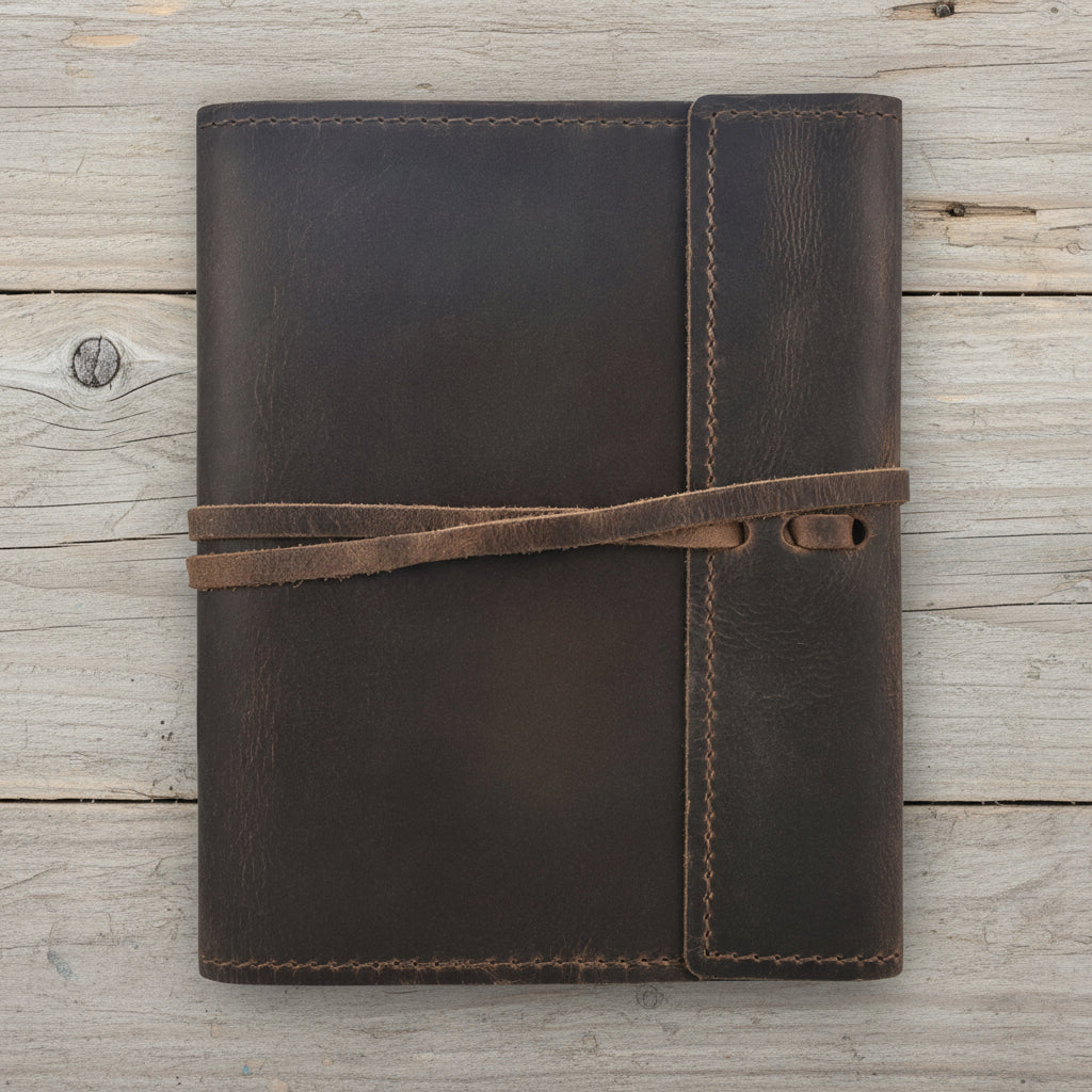 luxe, brown leather journal with a strap closure resting on a light reclaimed wood background
