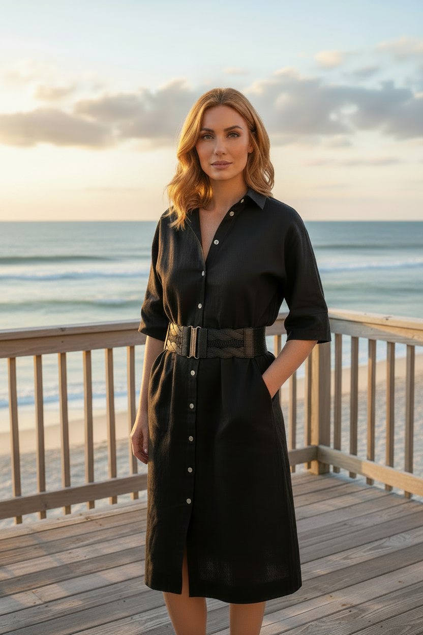Woman in a black Shoreline Linen Dress (belted) on a wooden deck with ocean view