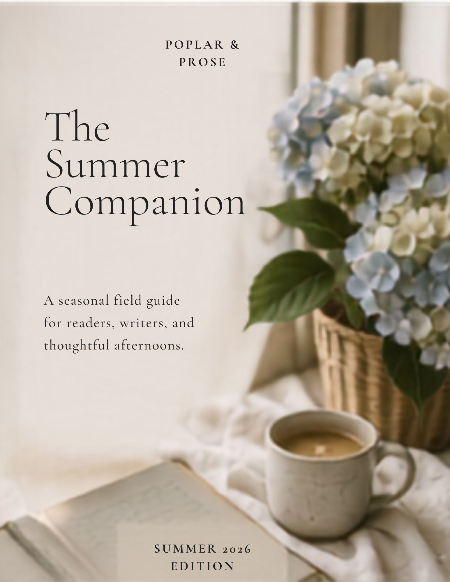 'The Summer Companion' with a cup of coffee and flowers on a table.