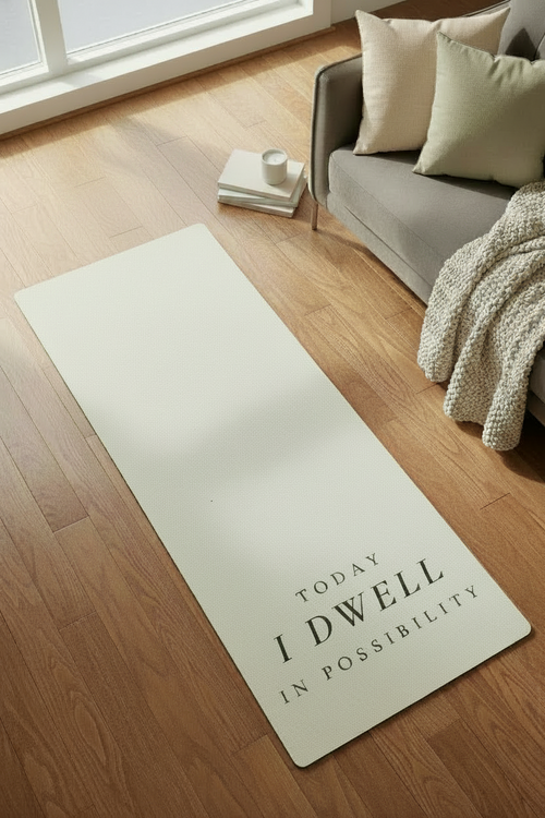 Yoga mat with motivational quote on a wooden floor in a living room setting