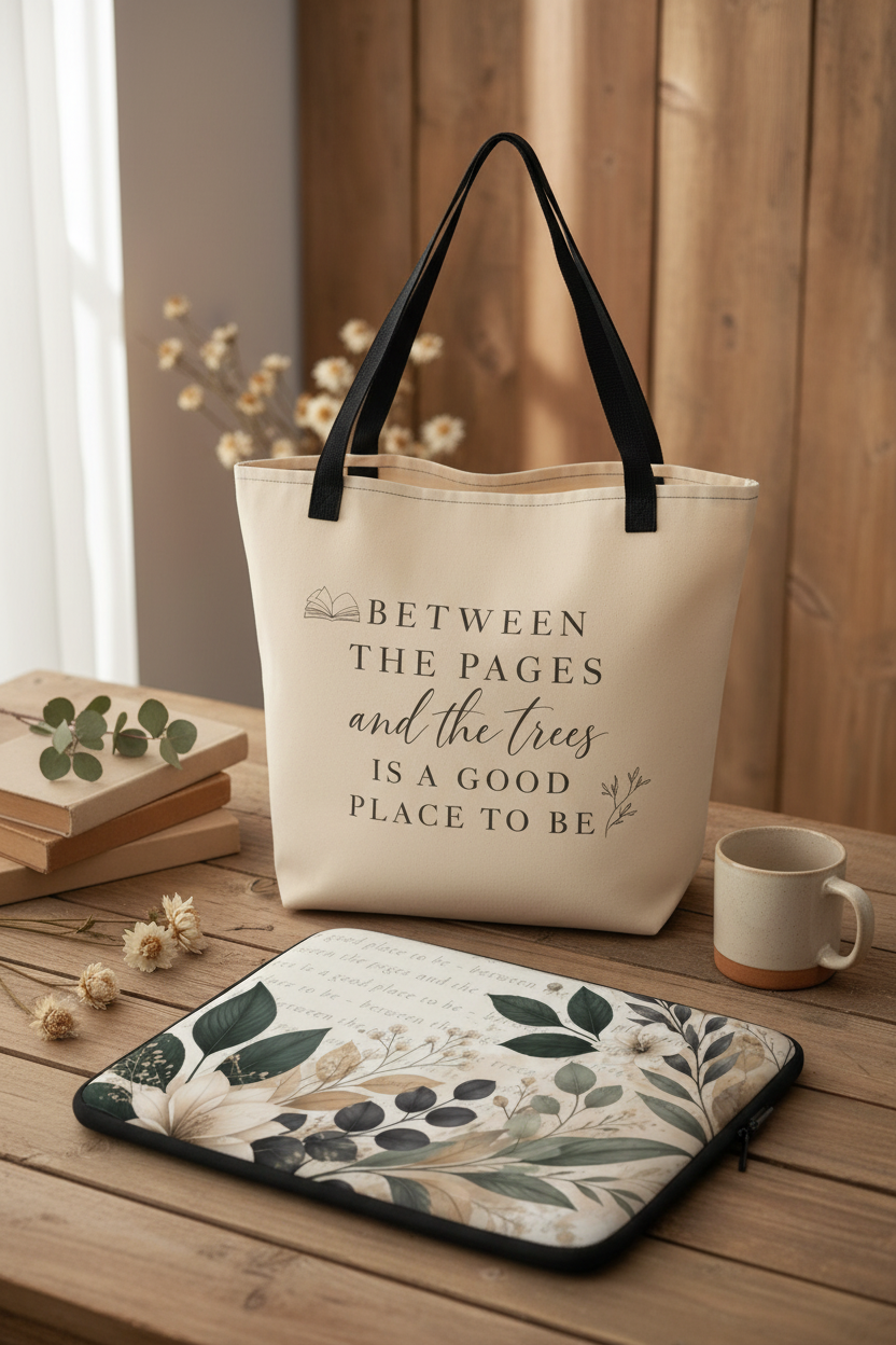 A cream canvas tote bag with black handles sits on a wooden table, printed with the quote 'BETWEEN THE PAGES and the trees IS A GOOD PLACE TO BE'. A matching floral laptop sleeve rests in front of it, with books, dried flowers, and a ceramic mug nearby in a warm, styled setting.