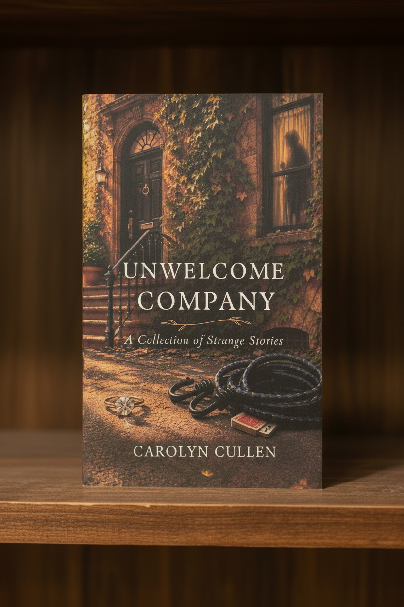The book cover of 'Unwelcome Company: A Collection of Strange Stories' by Carolyn Cullen, displayed upright on a wooden shelf against a dark wood background. The cover art depicts a dark, ivy-covered brick building at dusk with a window silhouette, a coiled blue rope, and a key on the ground.
