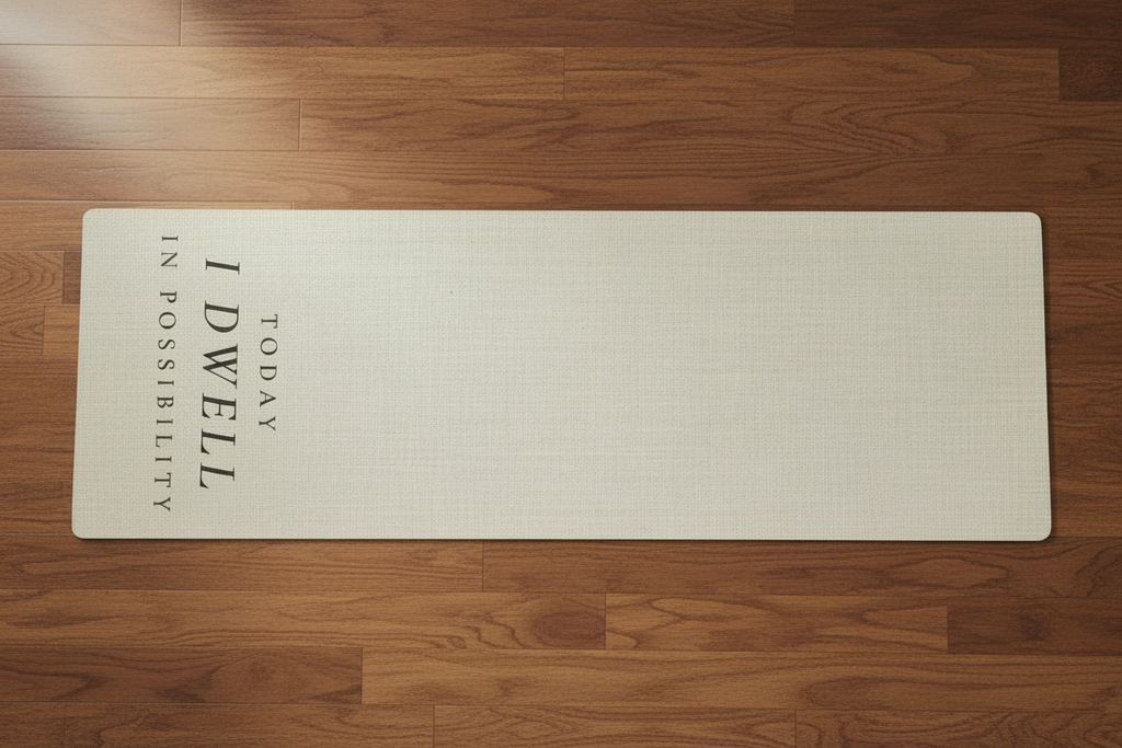 Beige yoga mat with 'Today I Dwell in Possibility' on a wooden floor